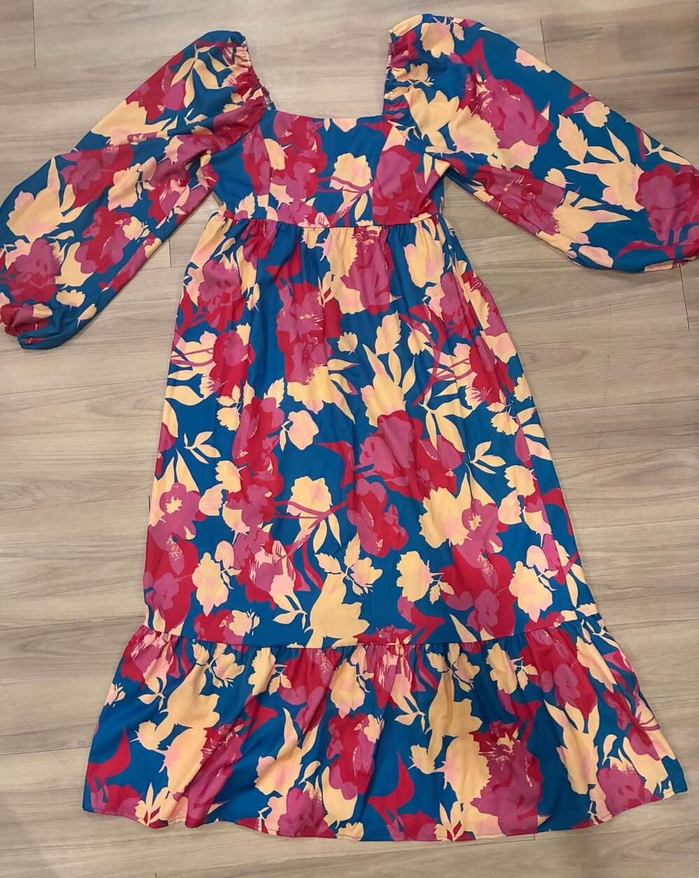 Blue and Pink Floral Print Square Neck Long Sleeve Maxi Dress
